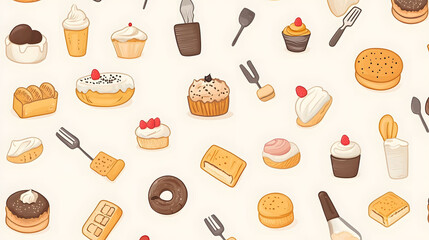 Seamless chocolate pattern featuring various baked goods like cookies, croissants, and donuts, perfect for a sweet-themed background