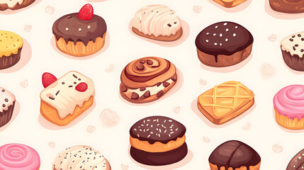 Seamless chocolate pattern featuring various baked goods like cookies, croissants, and donuts, perfect for a sweet-themed background