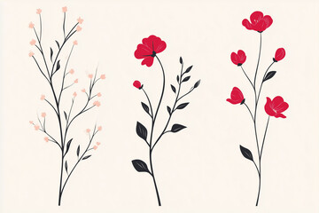 Minimal feminine botanical floral branch in silhouette style, set
