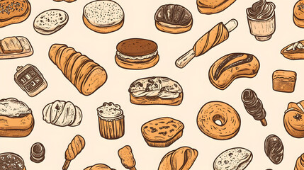 Seamless chocolate pattern featuring various baked goods like cookies, croissants, and donuts, perfect for a sweet-themed background