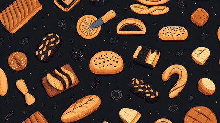 Seamless chocolate pattern featuring various baked goods like cookies, croissants, and donuts, perfect for a sweet-themed background