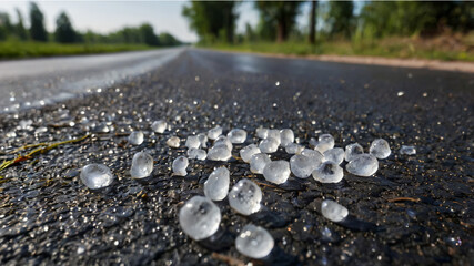image of hail on asphalt, ai generated