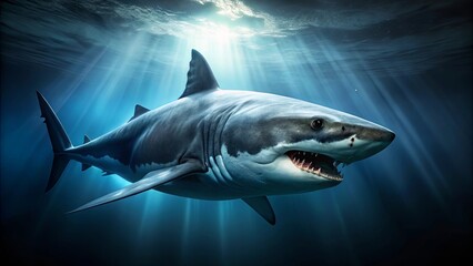 Fototapeta premium A Majestic Apex Predator Glides Through the Deep, Its Razor-Sharp Teeth Gleaming in the Sunbeams Piercing the Dark Depths
