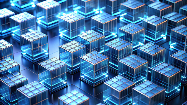 Cube Array on Dark Blue for Layered Databases. Perfect for: Database Events, Tech Architecture Summits, Data Management Conferences