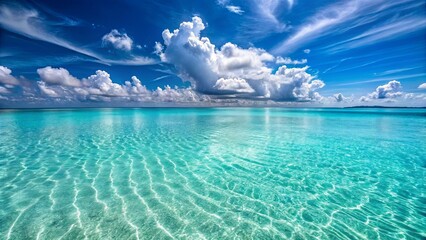 A Serene Vista of Clear Azure Water Shimmering Beneath a Canvas of Fluffy White Clouds and an Expansive Blue Sky
