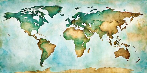 An abstract watercolor map of the world with muted greens and browns, depicting the continents in a vintage style.