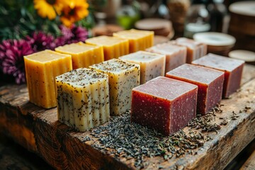 Assortment of Homemade Herbal Soaps on Rustic Wooden Surface