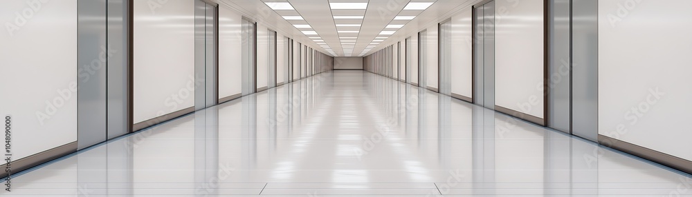 Poster a long corridor with glossy floors and bright ceiling lights, creating a modern and minimalistic atm