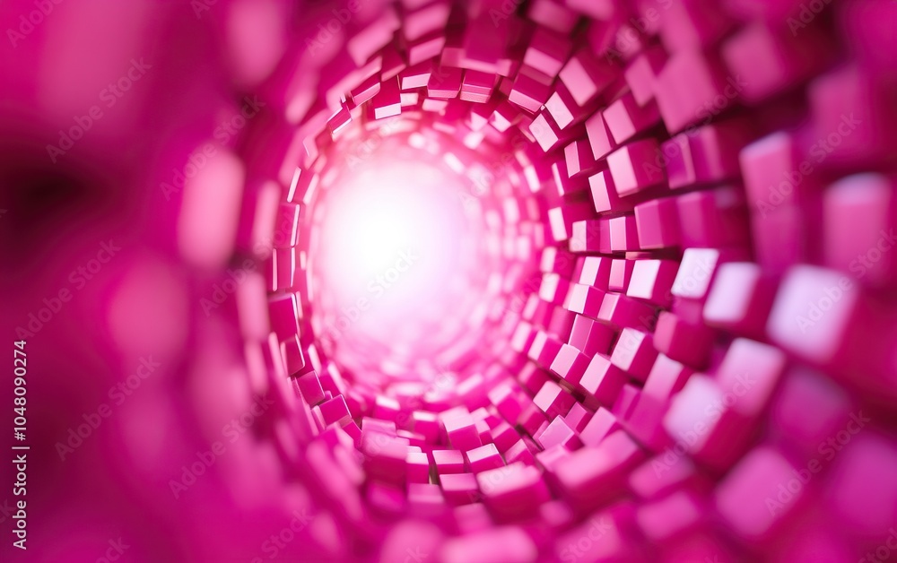 Poster abstract tunnel of pink cubes leading to a bright light at the center, creating a vivid visual effec
