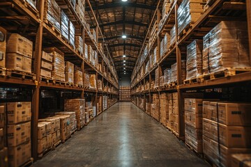 Fototapeta premium Long aisle of stacked cardboard boxes in warehouse