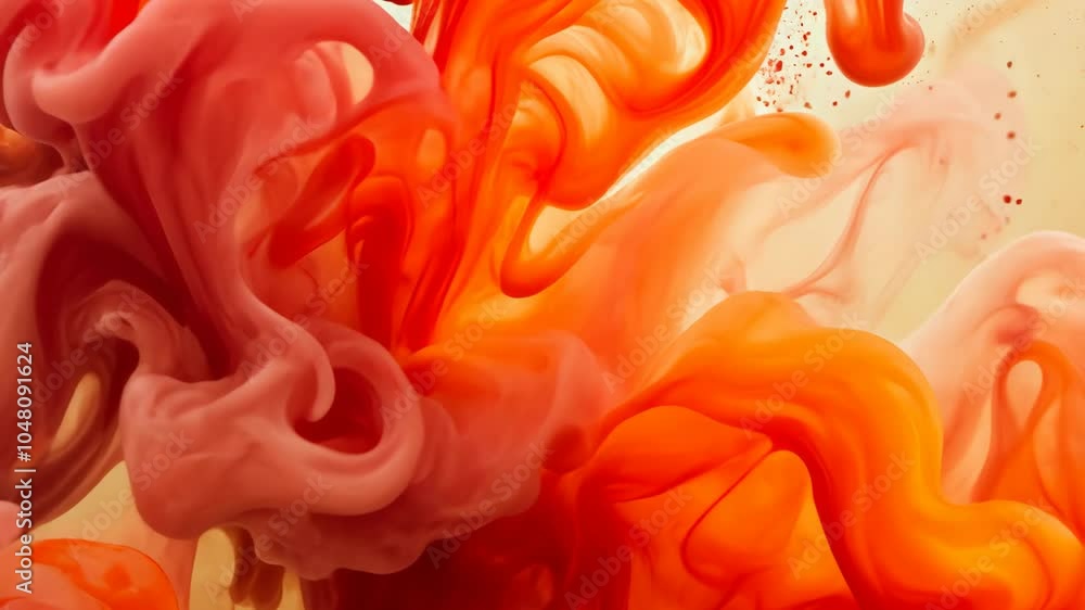 Poster red and orange ink swirls in water, creating abstract patterns