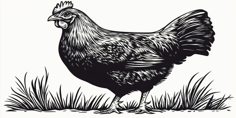 Fototapeta premium A detailed black and white illustration of a hen standing in a patch of grass.