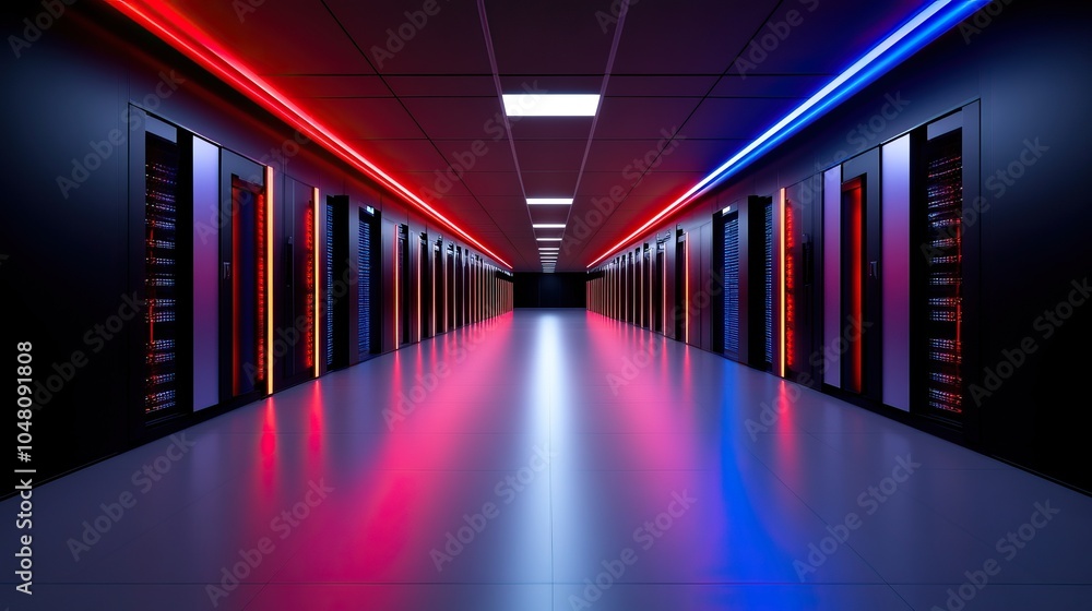 Poster futuristic data center corridor with illuminated servers, showcasing advanced technology and modern 