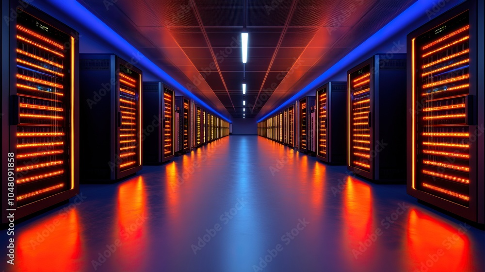 Poster futuristic data center with rows of servers illuminated by blue and orange lights.