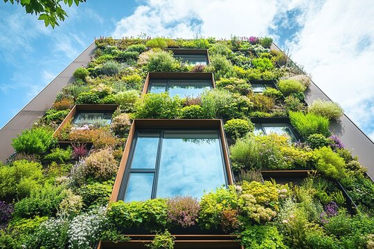 Green vertical garden on urban building facade