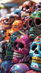 Decorated colorful skulls at market, day of Dead