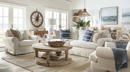 Coastal Living Room with White Furniture and Wooden Accents