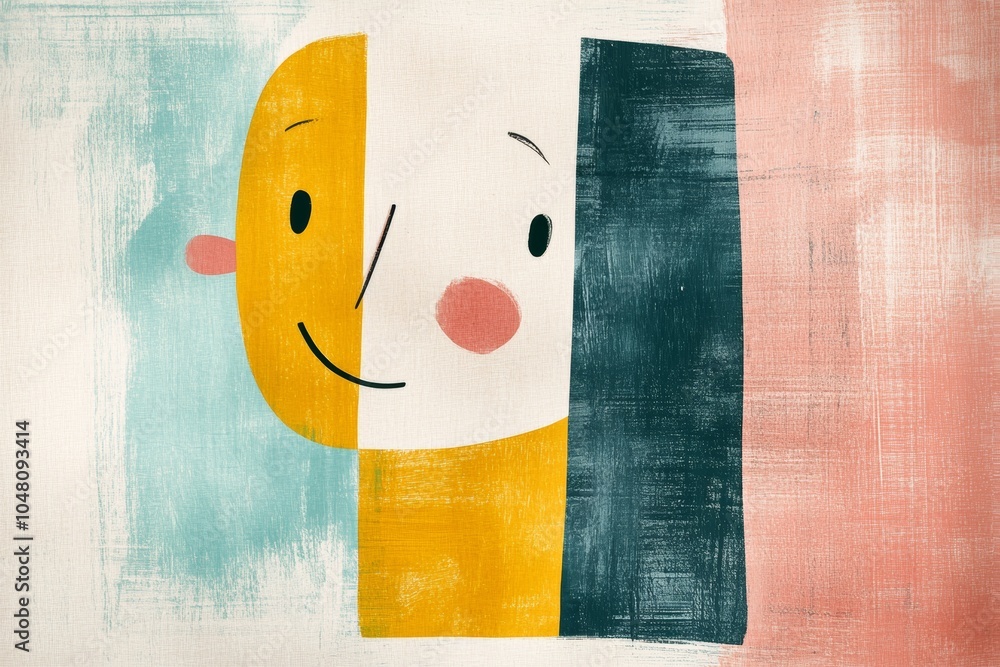 Poster a colorful abstract portrait featuring a cheerful face with minimalistic design elements and soft hu