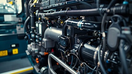 Fototapeta premium Detailed close up of a bus engine compartment machinery and parts