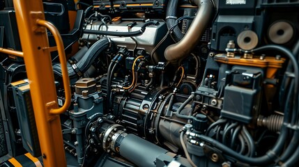 Obraz premium Detailed close up of a bus engine compartment machinery and parts