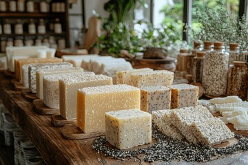 Natural Handmade Soaps Displayed on a Wooden Countertop