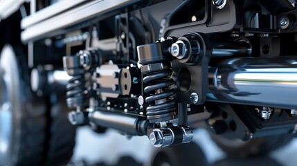 Fototapeta premium Detailed close up of a bus front suspension and shock absorber