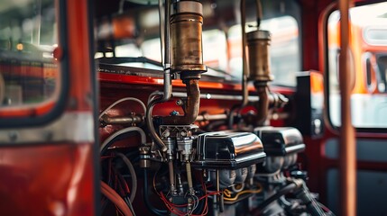 Fototapeta premium Detailed close up of a bus engine compartment with wiring