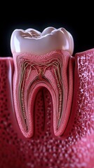 Detailed anatomical structure of a human tooth, showing its layers, nerves, and surrounding gums, black background.