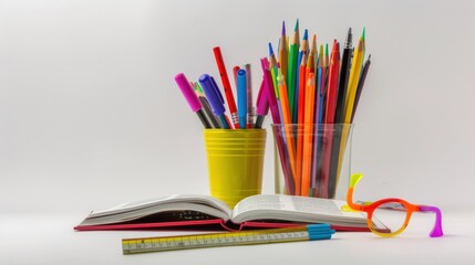 Fototapeta premium Colorful Pencils, Pens, and a Book on a White Background
