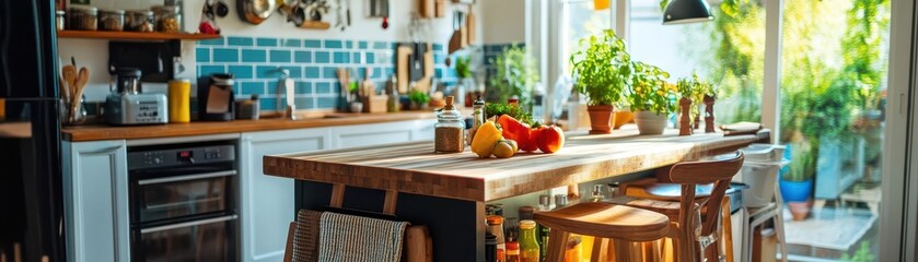 Wooden kitchen counter with stools and sunlight streaming through the window.