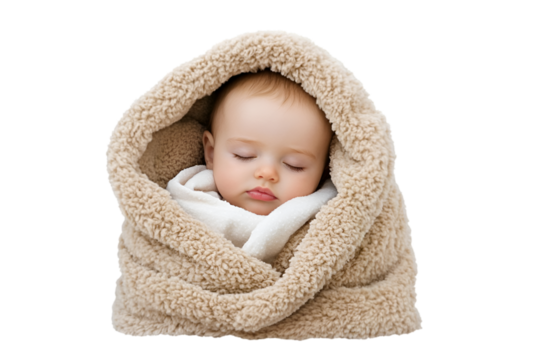 Sleeping baby wrapped in soft blanket transparent background