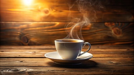 A steaming cup of coffee resting on a wooden table with the light of dawn shining through a window