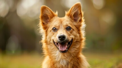 Naklejka premium A close-up portrait of a happy, golden-brown dog looking directly at the camera with its tongue sticking out.
