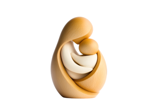 Mother and child wooden sculpture, white background transparent background