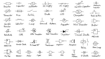 Set of hand drawn electrical and electronic circuit symbols
