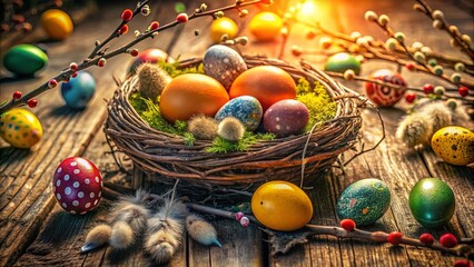A Nest of Colorfully Decorated Eggs Surrounded by Twigs, Feathers, and Moss on a Rustic Wooden Surface