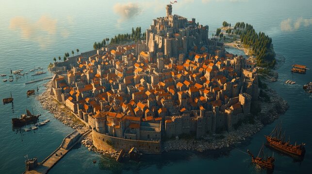 Aerial view of a fortified coastal city with a castle, surrounded by water and boats. - Powered by Adobe