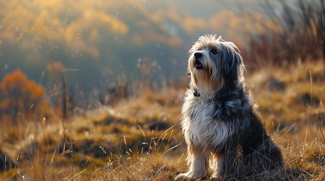 A fluffy, gray and white dog sits in tall grass, looking up at the sky. - Powered by Adobe