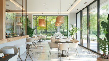 Modern Restaurant Interior with Large Windows and Natural Light