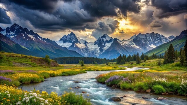 A winding river flows through a verdant valley nestled between towering snow-capped peaks, illuminated by the warm glow of a setting sun behind a dramatic sky filled with storm clouds.