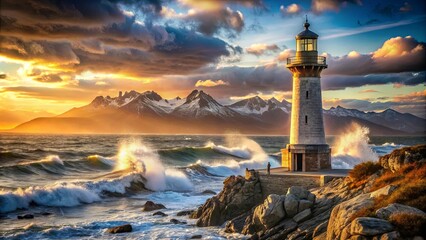 Fototapeta premium A lone figure stands on the rocky shore, a beacon of hope amidst the crashing waves, as the sun sets behind the snow-capped mountains, painting the sky in fiery hues.