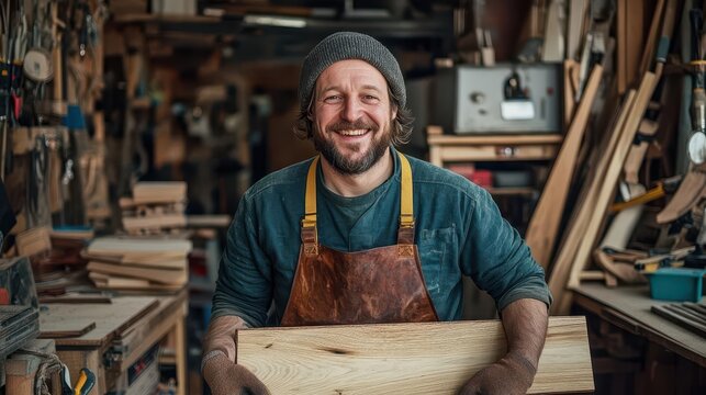 Smiling carpenter holding wooden plank in workshop.