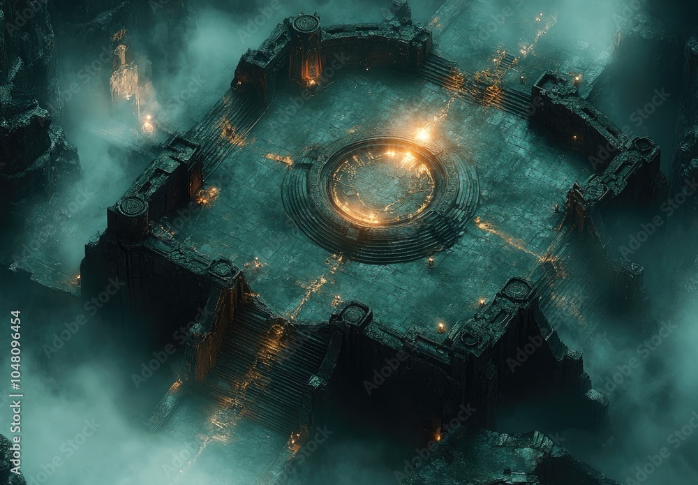 Poster a mystical, ancient stone structure surrounded by fog and illuminated by glowing elements.