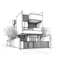 Monochrome Architectural Rendering of a House build Clean Line Art and White Background
