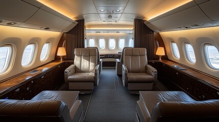 Fototapeta premium Interior of a luxurious private jet with comfortable seating and elegant lighting.