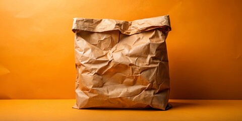 A Crumpled Brown Paper Bag Stands Against a Vibrant Orange Background, Its Texture and Simple Form Creating a Striking Visual Contrast