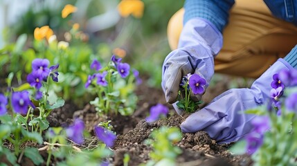 Fototapeta premium Close-up of gardener's hands in gloves planting purple flowers in the garden