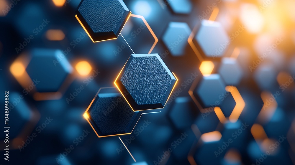 Poster abstract blue hexagon pattern with glowing edges and blurred background