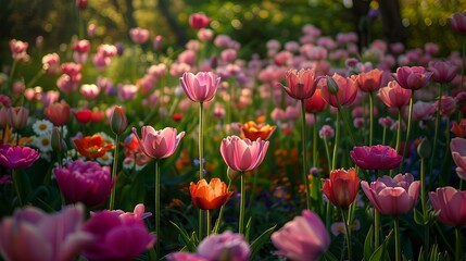 Fototapeta premium Vibrant and colorful flower garden filled with blooming pink flowers