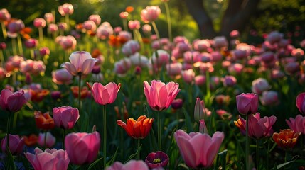 Fototapeta premium Vibrant and colorful flower garden filled with blooming pink flowers